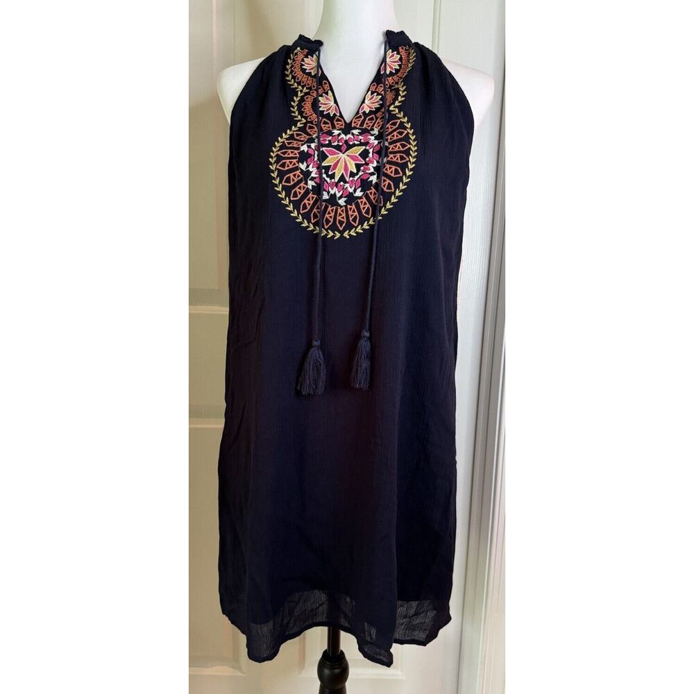 THML Navy Blue Embroidered Tassle Shift dress Women’s S NWT Crepe Boho Stitchfix